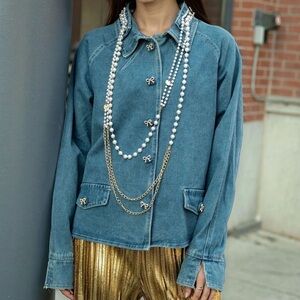 Stylish Blue Denim Jacket with Pearl Accents